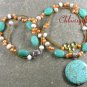 TURQUOISE BLUE JADE WHITE QUARTZ PEARLS 2ROW NECKLACE