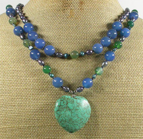 TURQUOISE BLUE GREEN AGATE FW PEARLS 2ROW NECKLACE