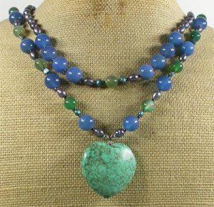 TURQUOISE BLUE GREEN AGATE FW PEARLS 2ROW NECKLACE