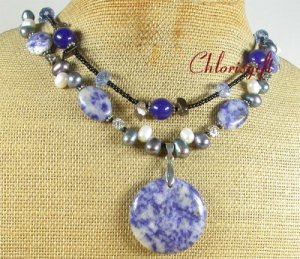 SODALITE & BLUE JADE & FW PEARLS 2ROW NECKLACE