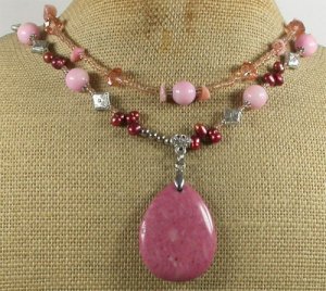 RHODONITE PINK JADE CRYSTAL PEARLS 2ROW NECKLACE