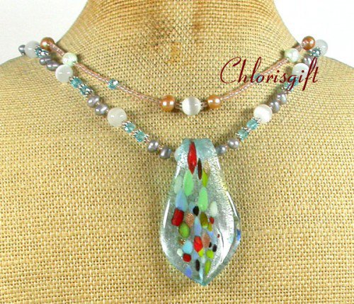MURANO GLASS & CAT EYE & FW PEARL 2ROW NECKLACE