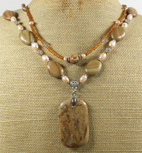 PICTURE JASPER & WOOD JASPER & PEARLS 2ROW NECKLACE