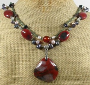RED AGATE & GARNET & CRYSTAL & PEARLS 2ROW NECKLACE