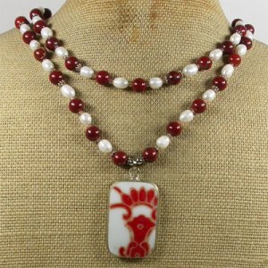 POTTERY SHARD & RED JASPER & FW PEARLS 2ROW NECKLACE