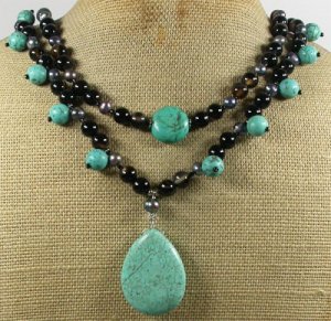 TURQUOISE & BLACK AGATE & PEARLS 2ROW NECKLACE