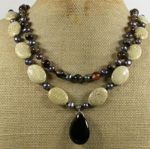 WHITE TURQUOISE BLACK AGATE PEARLS 2ROW NECKLACE