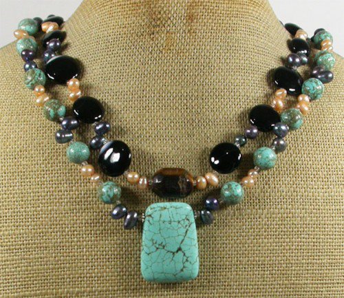 TURQUOISE BLACK AGATE FRESH WATER PEARLS 2ROW NECKLACE