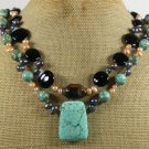TURQUOISE BLACK AGATE FRESH WATER PEARLS 2ROW NECKLACE
