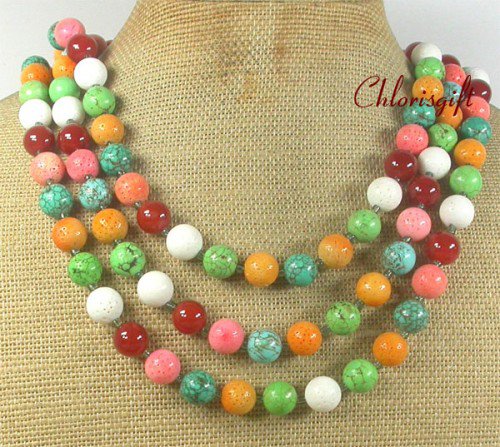 TURQUOISE CORAL RED CARNELIAN 3ROW NECKLACE