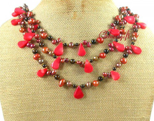 RED CORAL BLACK AGATE FRESH WATER PEARLS NECKLACE