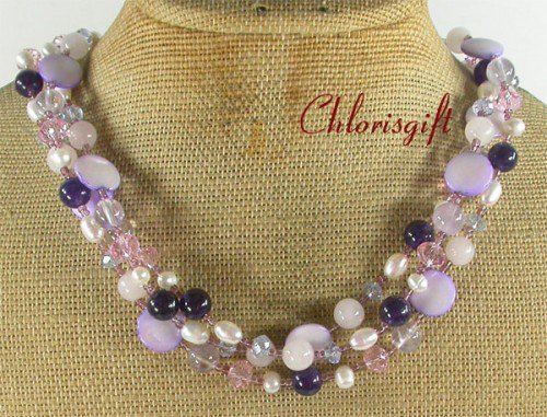 PURPLE JADE QUARTZ MOP CRYSTAL PEARLS 3ROW NECKLACE
