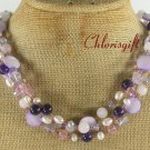 PURPLE JADE QUARTZ MOP CRYSTAL PEARLS 3ROW NECKLACE