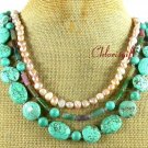TURQUOISE FANCY JASPER FW PEARL 3ROW NECKLACE