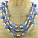 BLUE AGATE FW WHITE PEARLS 3ROW NECKLACE