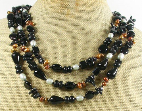 BLACK AGATE ONYX CORAL FRESH WATER PEARLS 3ROW NECKLACE