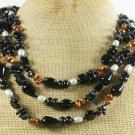 BLACK AGATE ONYX CORAL FRESH WATER PEARLS 3ROW NECKLACE