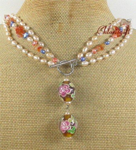 FLOWER LAMPWORK AGATE FW PEARL 3ROW NECKLACE