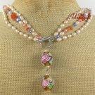 FLOWER LAMPWORK AGATE FW PEARL 3ROW NECKLACE