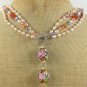 FLOWER LAMPWORK AGATE FW PEARL 3ROW NECKLACE