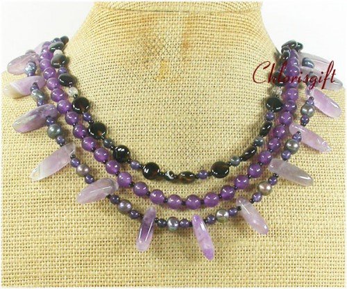 AMETHYST & BLACK AGATE & FW PEARL 3ROW NECKLACE
