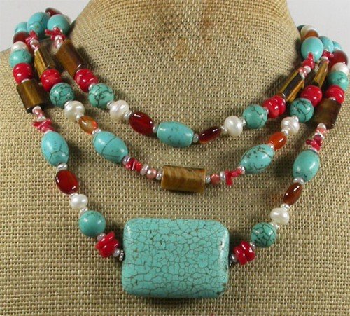 TURQUOISE TIGER EYE RED CORAL AGATE PEARL 3ROW NECKLACE