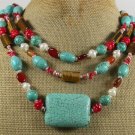 TURQUOISE TIGER EYE RED CORAL AGATE PEARL 3ROW NECKLACE