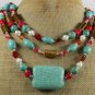 TURQUOISE TIGER EYE RED CORAL AGATE PEARL 3ROW NECKLACE