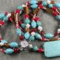 TURQUOISE TIGER EYE RED CORAL AGATE PEARL 3ROW NECKLACE