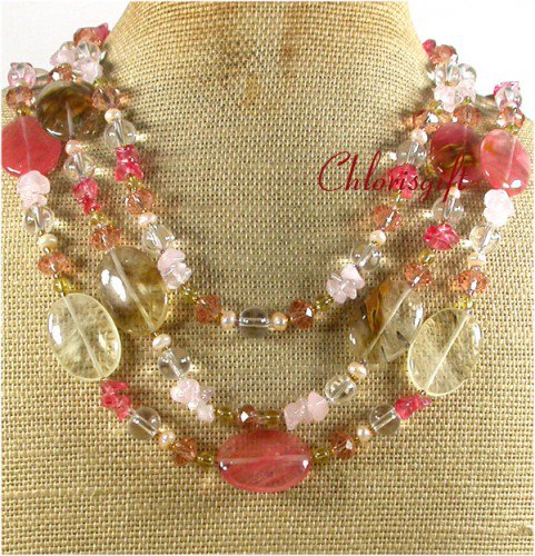 TIGER QUARTZ CRYSTAL FW PEARL 3ROW NECKLACE