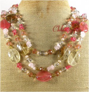 TIGER QUARTZ CRYSTAL FW PEARL 3ROW NECKLACE