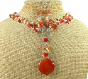 RED AGATE & FRESH WATER PEARLS NECKLACE/EARRINGS SET