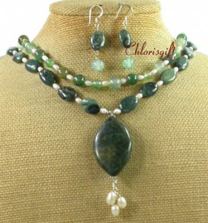 KAMBABA JASPER GREEN AGATE PEARL NECKLACE/EARRINGS SET