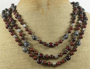 MAHOGANY OBSIDIAN & BLACK LABORADITE 3ROW NECKLACE
