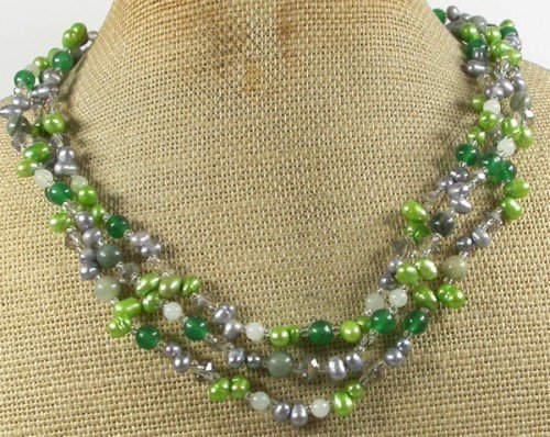 GREEN RUTILATED JASPER JADE CRYSTAL PEARL 3ROW NECKLACE