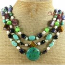TURQUOISE JASPER JADE SODALITE PEARLS 3ROW NECKLACE