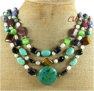 TURQUOISE JASPER JADE SODALITE PEARLS 3ROW NECKLACE