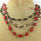 RED CORAL BLACK AGATE FW PEARL 3ROW NECKLACE