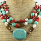 TURQUOISE AGATE TIGER EYE CORAL PEARLS 3ROW NECKLACE
