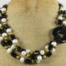 BLACK AGATE & FRESH WATER PEARLS 3ROW NECKLACE