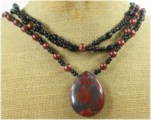 RED BROWN PICTURE JASPER BLACK AGATE 3ROW NECKLACE