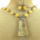 CRAZY AGATE & YELLOW JADE & PEARL NECKLACE/EARRINGS SET