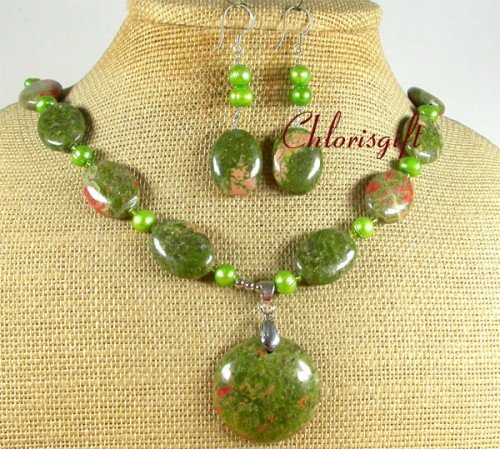 UNAKITE & FRESH WATER PEARLS NECKLACE/EARRINGS SET