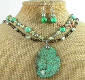 TURQUOISE AGATE PEARLS 2ROW NECKLACE/EARRINGS SET