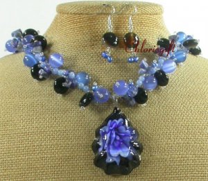 FLOWER LAMPWORK SODALITE JADE NECKLACE/EARRINGS SET