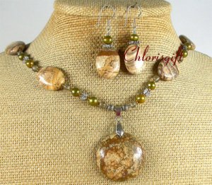 PICTURE JASPER & FW PEARLS NECKLACE/EARRINGS SET