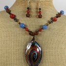 MURANO GLASS RED AGATE BLUE JADE NECKLACE/EARRINGS SET