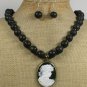 LADY CAMEO & BLACK VOLCANO LAVA NECKLACE/EARRINGS SET