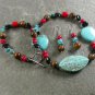 TURQUOISE CORAL TIGER EYE AGATE NECKLACE/EARRINGS SET