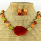 RED FIRE AGATE YELLOW AGATE CORAL NECKLACE/EARRINGS SET